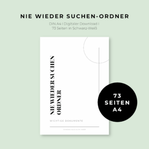 Cover des Nie wieder suchen-Ordners. Schwarze Schrift auf weißem Grund: NIE WIEDER SUCHEN-ORDNER. WICHTIGE DOKUMENTE